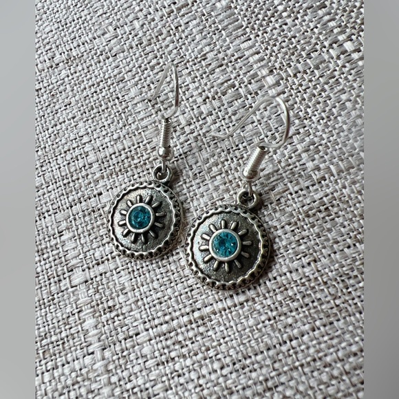 Circle Silver Blue Stone Dangle Earrings - Picture 3 of 5